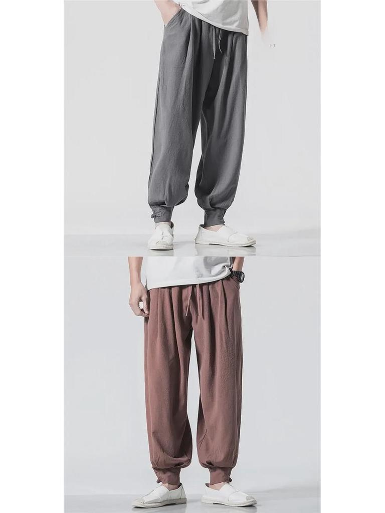 Cotton-Linen Loose Monk Pants: Lay Buddhist Meditation Pants, Spring & Summer Long Pants with Hem