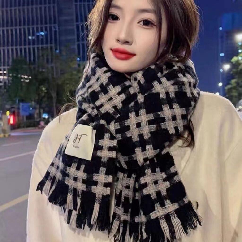 Korean Style Plaid Mohair Scarf - Women's Winter Imitation Cashmere Shawl