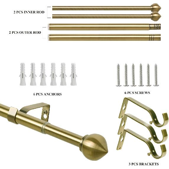 3/4" Standard Decorative Adjustable Curtain Rod,Heavy Duty Curtain Rods Set for Windows,30 To 52 Inch, Antique Brass