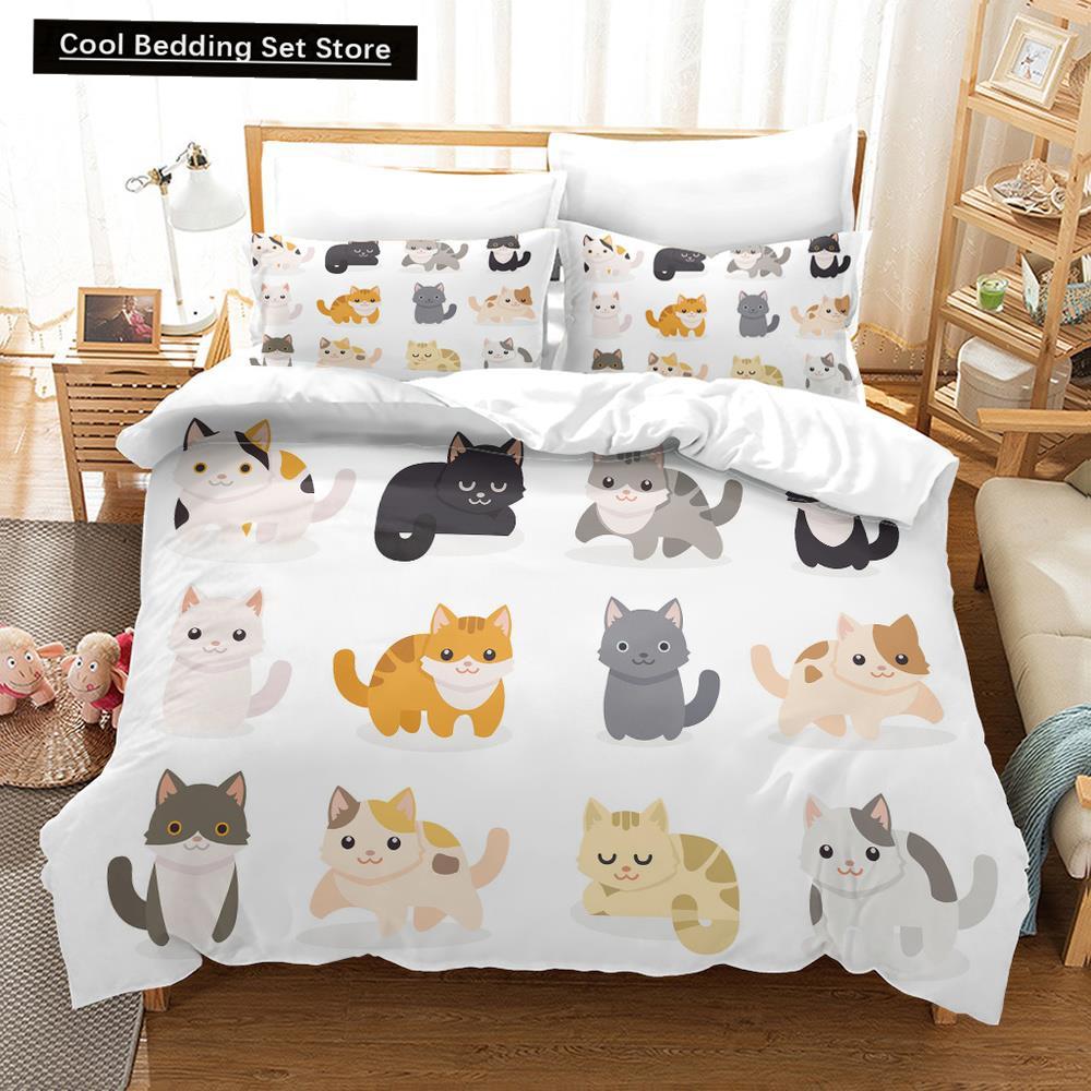 Cartoon Cat King Full Queen Duvet Cover Lovely Pet Kitty Bedding Set Animal Quilt Cover 2/3pcs Purple Polyester Comforter Cover