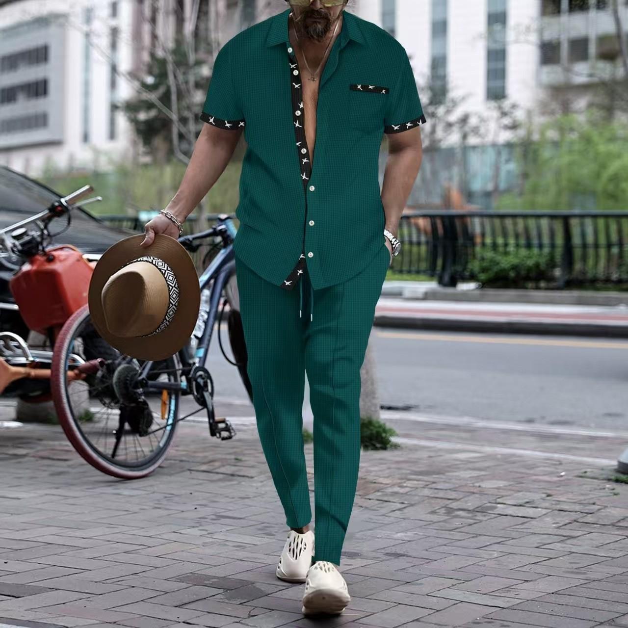 

Мужские повседневные костюмы из вафельной ткани, свободные спортивные комплекты в клетку, рубашки с короткими рукавами, брюки, мужской спортивный костюм 3XL темно-зеленого