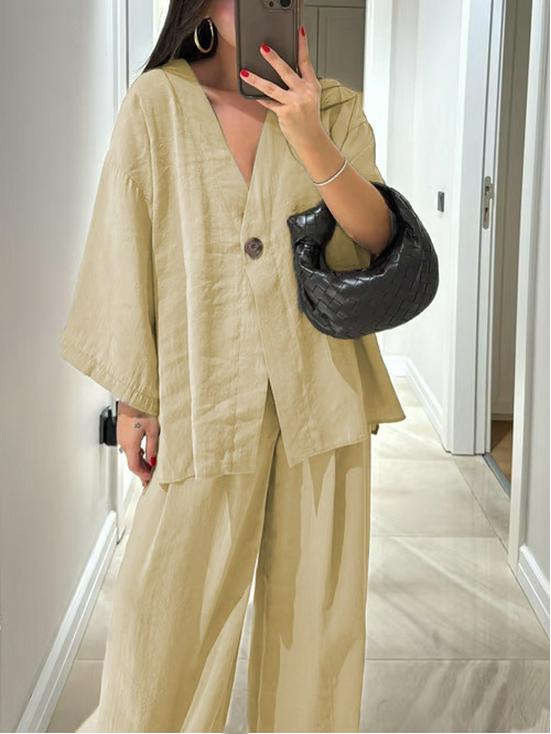 2025 European & American Women's V-neck Top and Wide-leg Pants Set: Casual, Stylish, Loose Fit