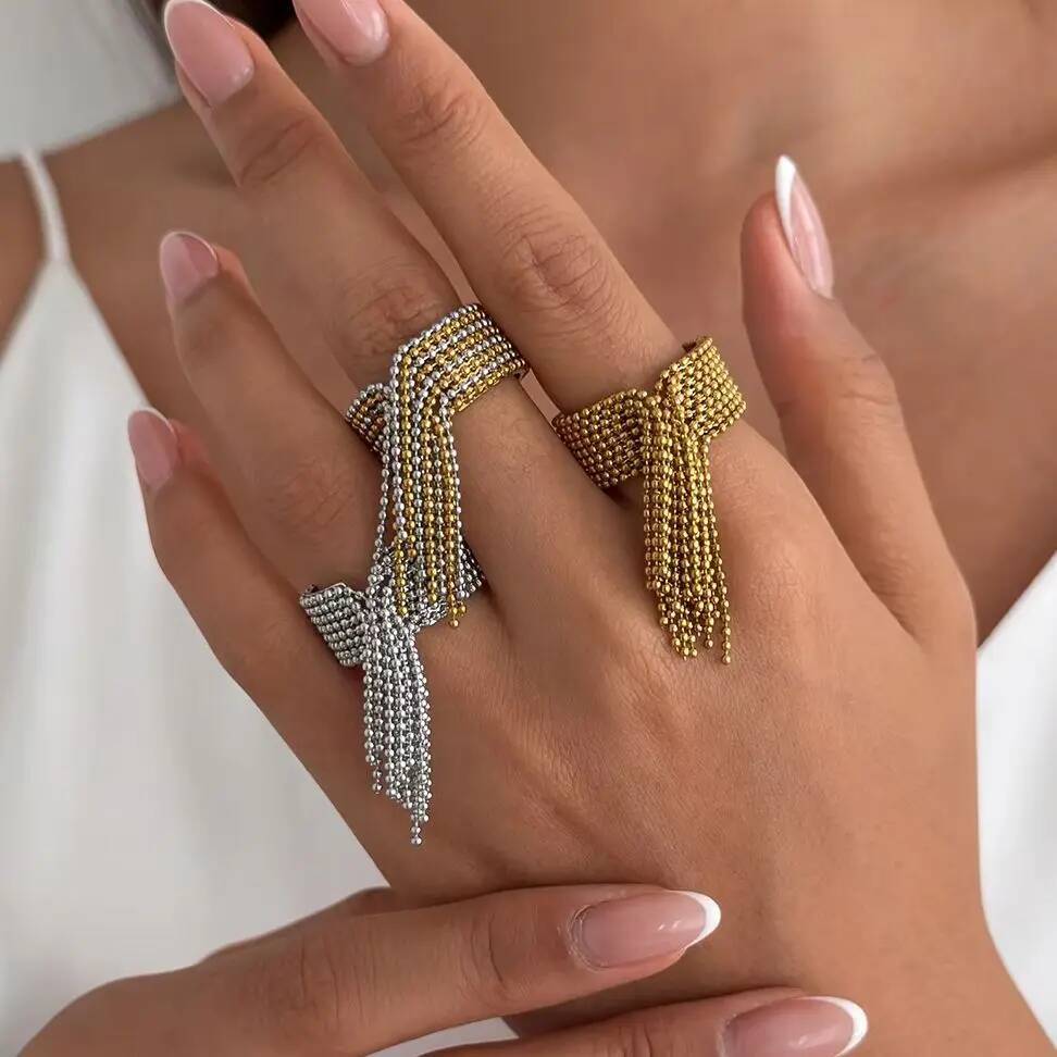 SHIXIN Fashion Stainless Steel Long Tassel Chain Open Rings for Women Charm Hip Hop Geometric 18K Gold Plated Wide Ring Jewelry
