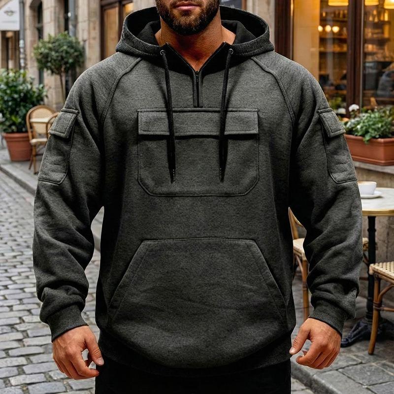 

Mens Half Zip Hooded Cargo Pocket Pullover Hoodie Sweatshirt S серый