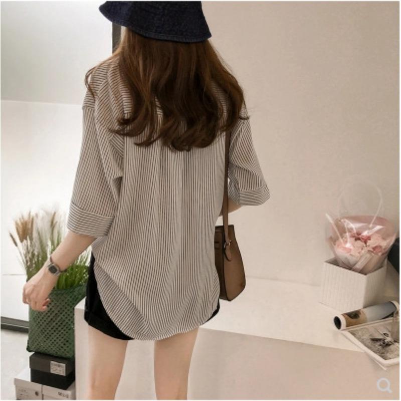 Summer Short Sleeve Women Striped Office Shirt Loose Thin Loose Casual Simple Lapel Elegant Basic Plus Size Tops Women's Clothing