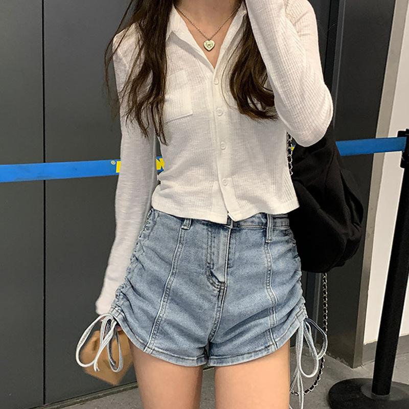 Skinny Moda ve Çok Yönlü Esnek Denim Şort Kadın Yüksek Belli Yüz Düz İnce Bağcıklı Pantolonlar Dar Günlük Şort Kadın
