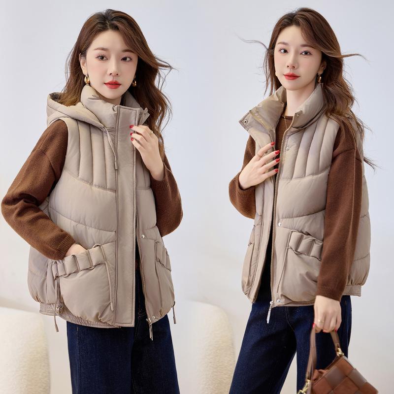 Nueva camiseta interior ligera sin mangas para mujer de otoño e invierno con capucha, color sólido, gruesa, cálida, deportiva, casual, holgada, chaqueta ligera