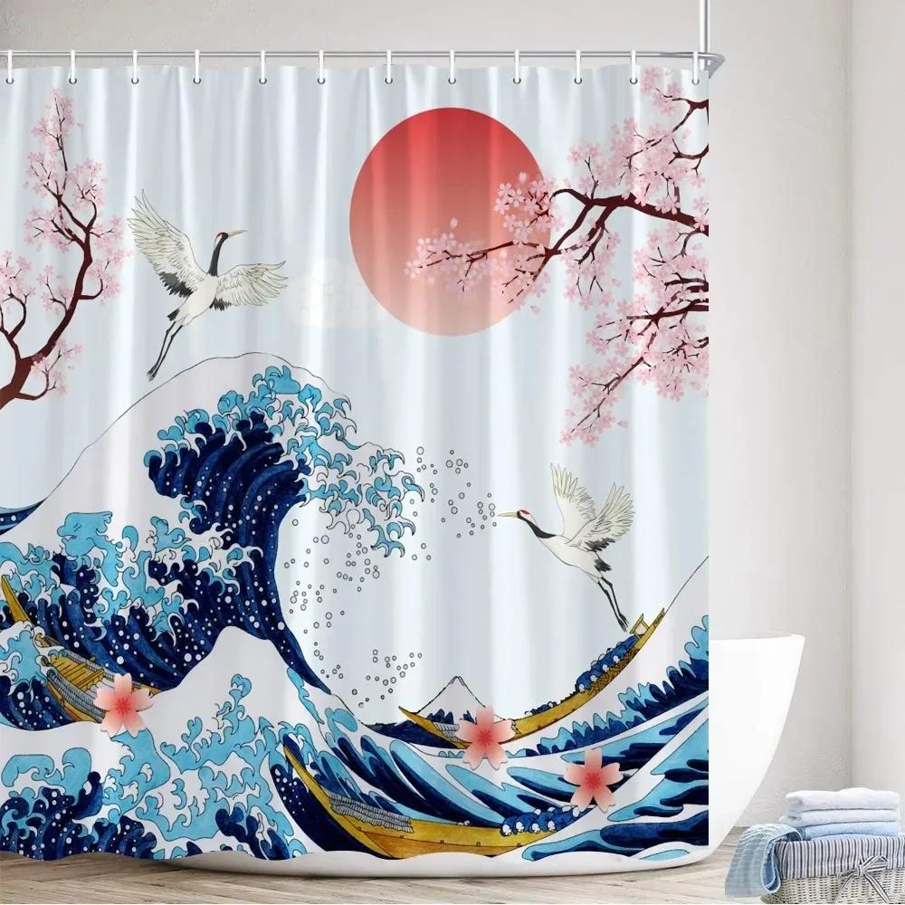 Duschvorhang im japanischen Stil Koi-Fisch Kirschblüte Sonne Meer Welle Oktopus Landschaft Polyesterstoff Vorhänge Badezimmerdeko