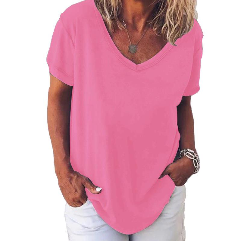 

2024 Европейская и американская женская однотонная футболка с V-образным вырезом и короткими рукавами Large розовый