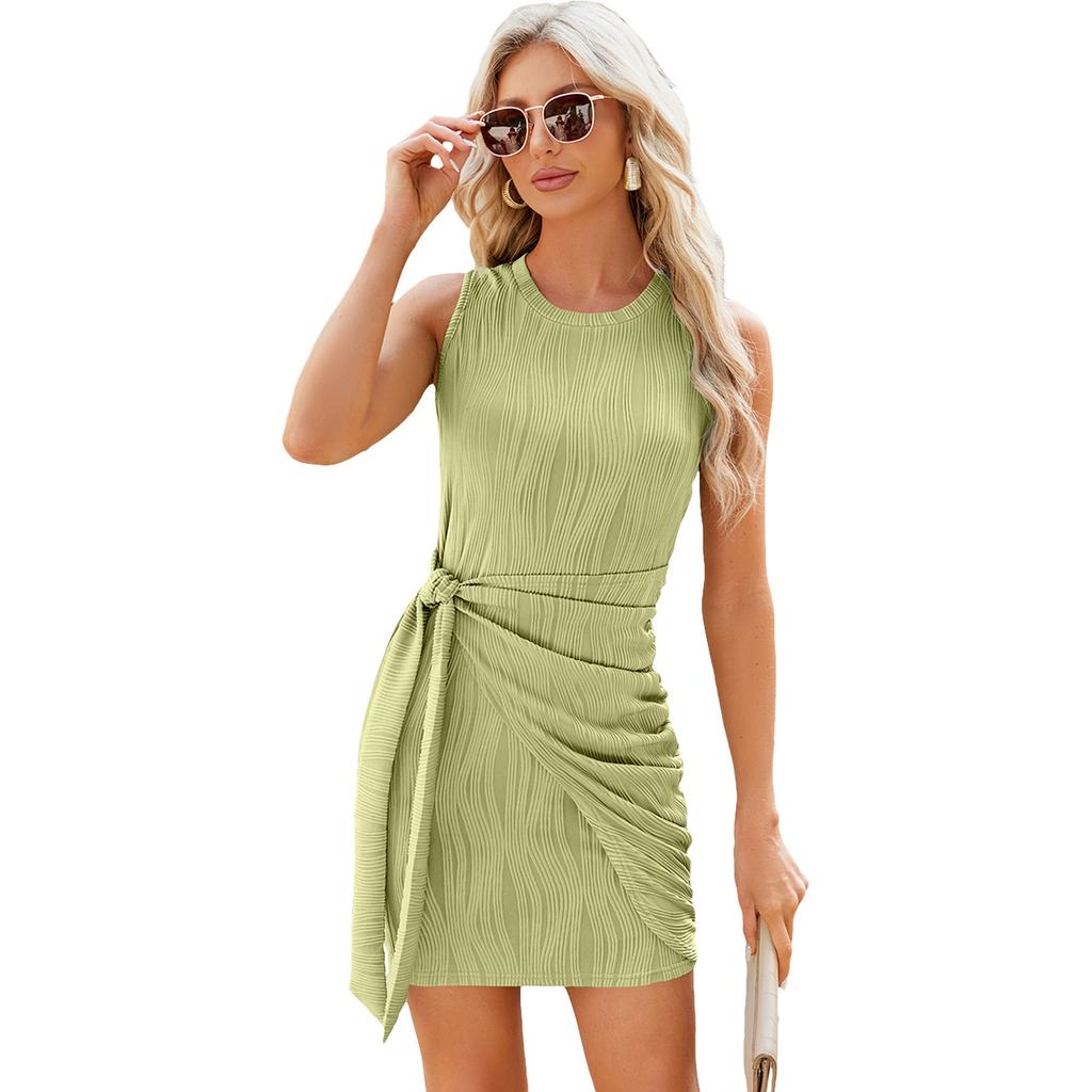 Spring Summer Dress Solid Color Round Neck Pleated Tie Knit Vest Dresses