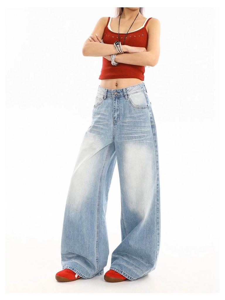 Jeans de Verano para Mujer Azul Medio Lavado Retro Desgastado Pierna Recta Pierna Ancha