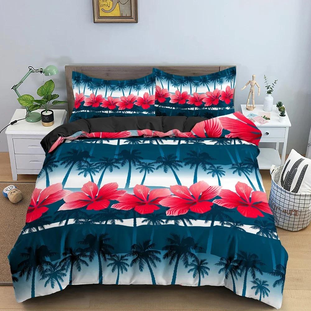 Tropische Bäume Bettbezug-Set Kokospalmenmuster Bettdeckenbezug Bettwäsche-Set Steppdeckenbezug mit Kissenbezug King-Size-Bettwäsche