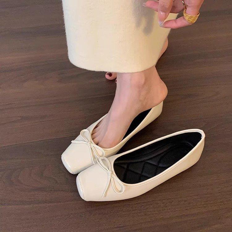 

Fairy wind gentle shoes female spring 2025 new bow square head flat sole shoes black light mouth beanie shoes 40