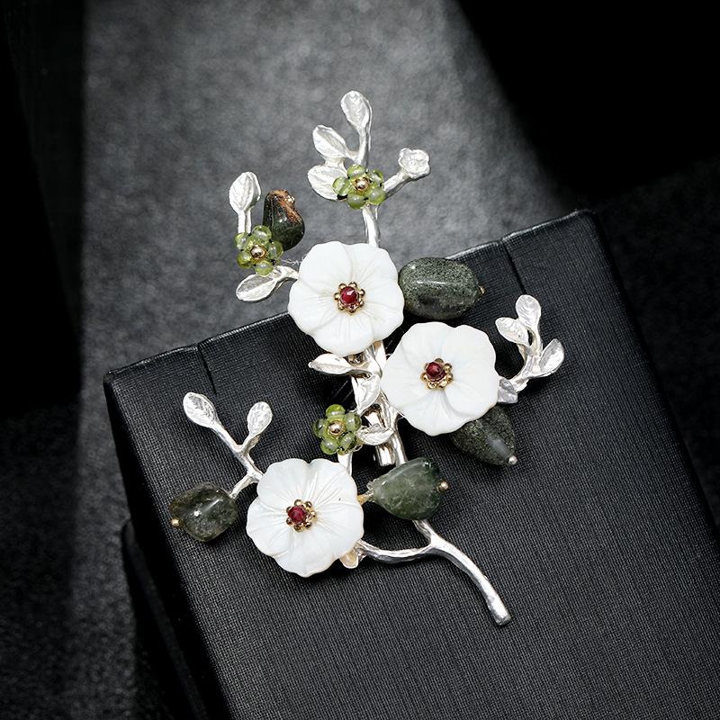 

Брошь в китайском стиле из натурального кристалла и ракушки, женственная элегантность, литературная и универсальная цветочная булавка, брошь высокого класса