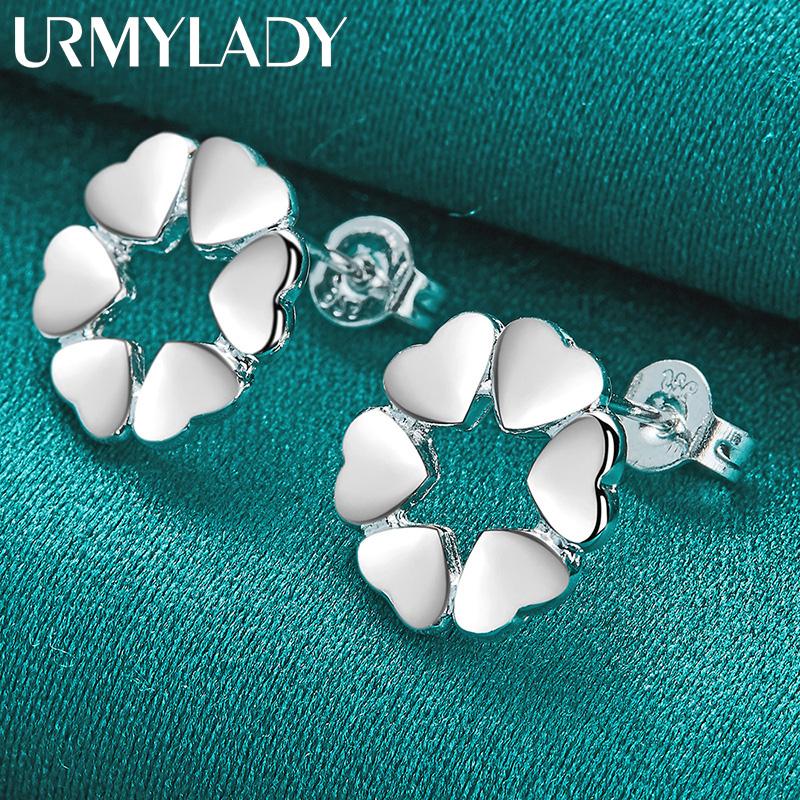 925 Sterling Silver Heart Flower Stud Earrings For Women Fashion Party Jewelry