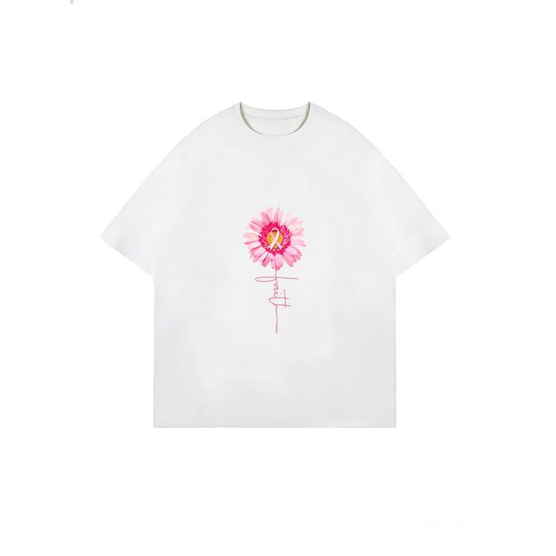 White T-Shirt With Pink Flower And Yellow Ribbon Print For Breast Cancer Awareness Casual Wear
