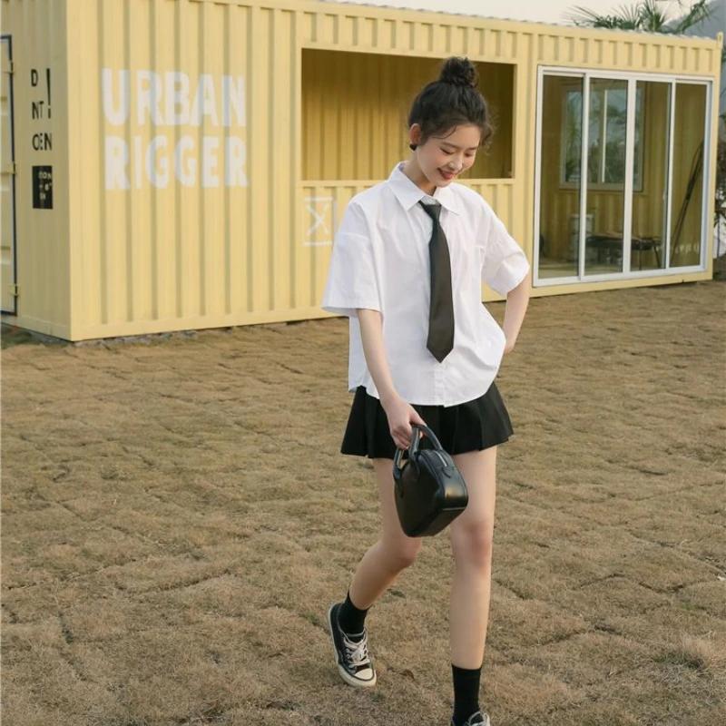 Ladies' White Short Sleeved Shirts Women's Summer Single Breasted Blouses with Tie Versatile College Style Girls' Chic Bottom