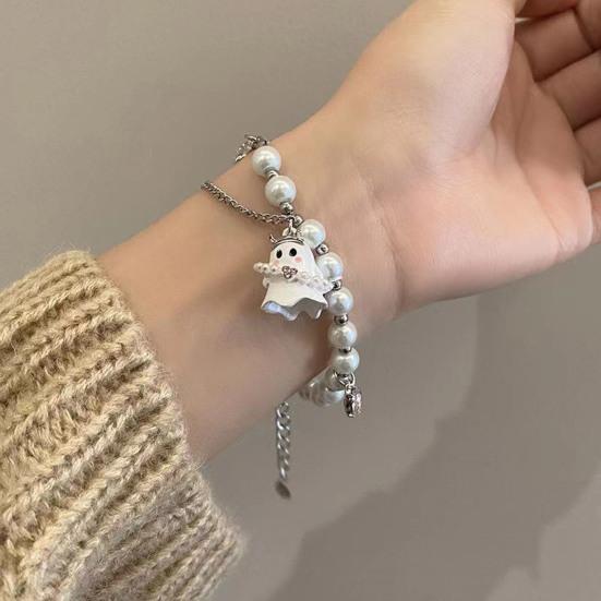 Women Bracelet Cartoon Ghost Pendant Imitation Pearls Color Matching Adjustable with Extended Chain Halloween Gift Wrist Jewelry