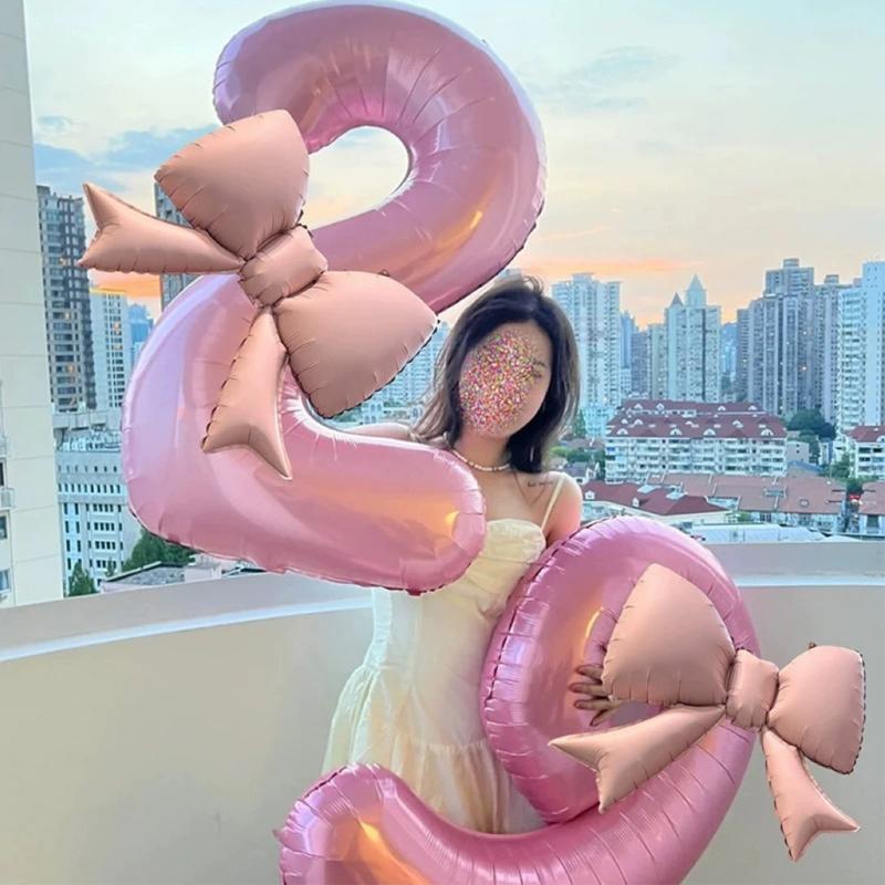 Pink Bowknot Number Balloon 40Inch Oversize Aluminum Foil Balloon Decoration For Kids Birthday Anniversary Wedding