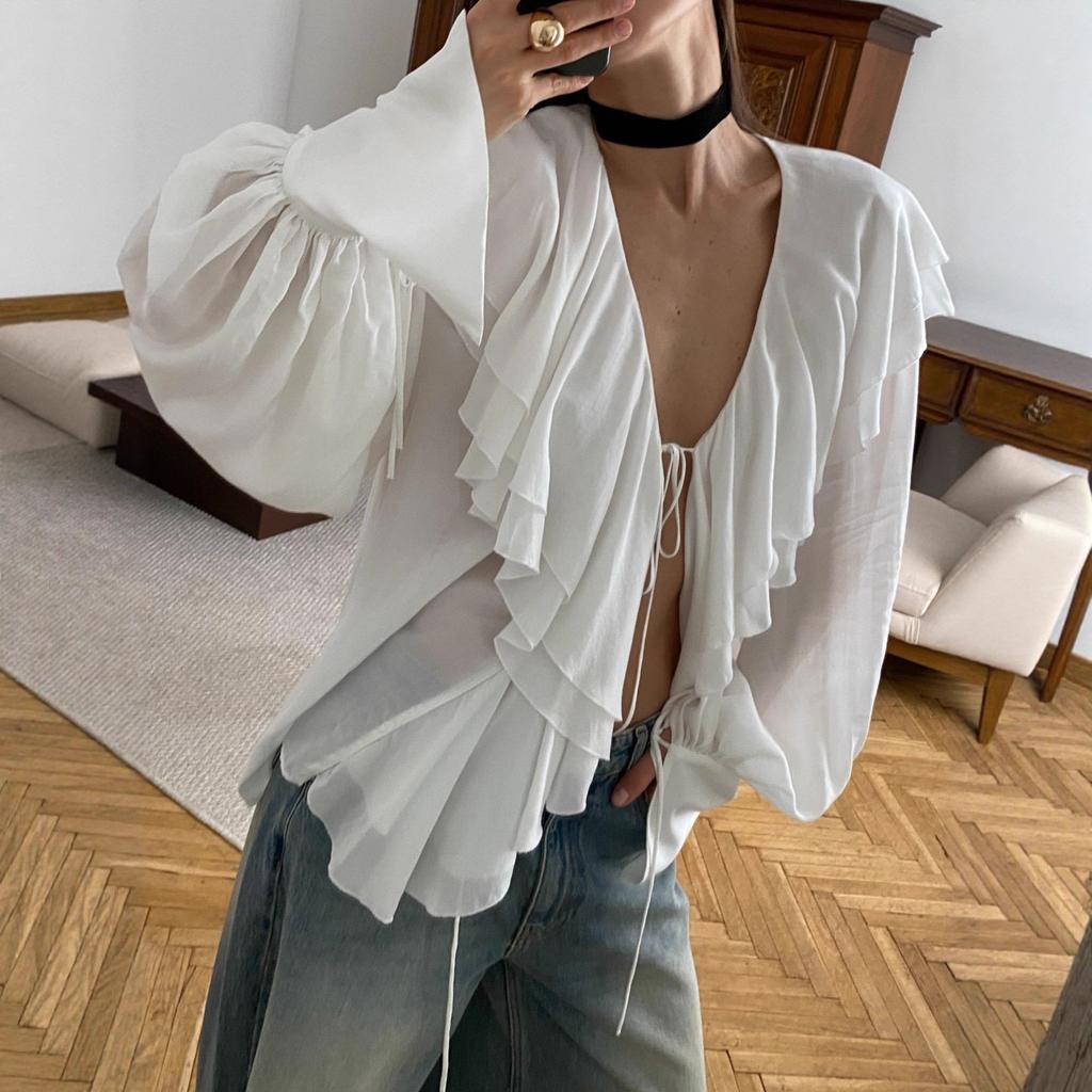 European and American women's clothing summer new fashion temperament sexy chiffon ruffle edge lace-up lantern sleeve cardigan top