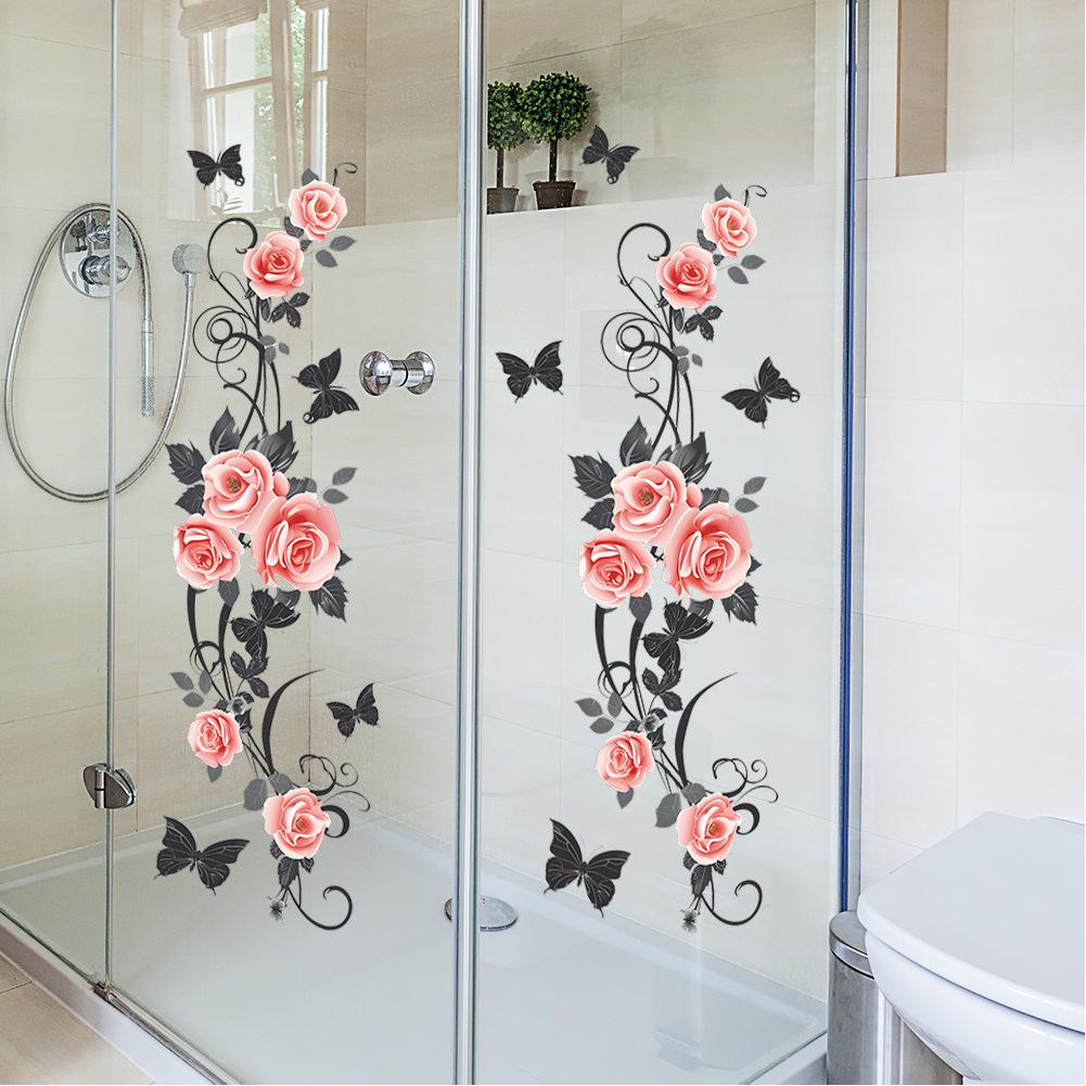 Bathroom Wall Decals Sticker, Rose Butterfly Flower Wall Stickers, Waterproof Rose Butterfly Vine Glass Stickers For Bedroom Restroom DIY Decoration