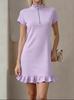 Women's Zip Stand Collar Short Sleeve Mini A-Line Dress Slim Fit Mid Rise Solid Ruffle Hem Straight Dress Streetwear Elegant Summer Casual Outfit