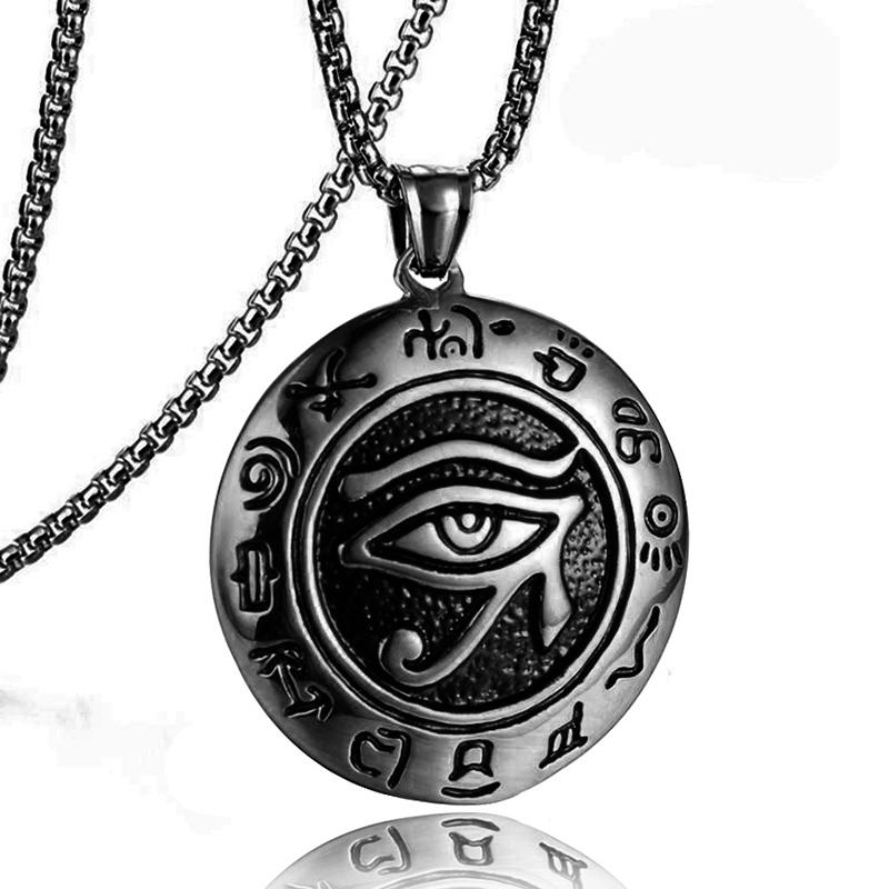 Eye Of Horus Round Pendant Necklace For Men Women Silver Retro Rune Hip Hop Punk Stainless Steel Chian Fashion Jewlery