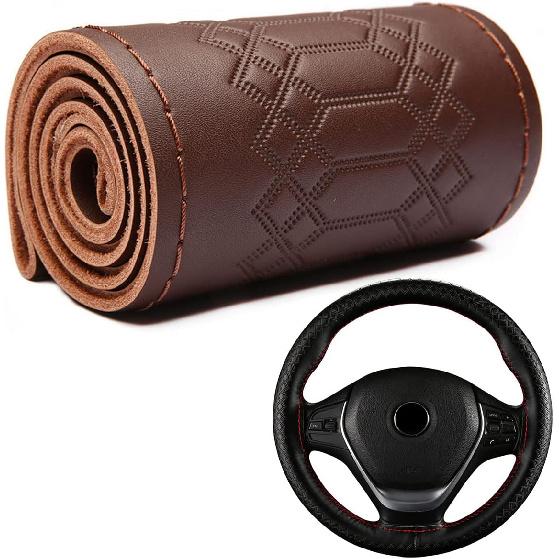 Car Steering Wheel Cover Universal Fit Round Stitch Steering Wheel Wrap Thin PU Leather Steering Wheel Cover Sewn on 15" Car Wheel (Coffee)