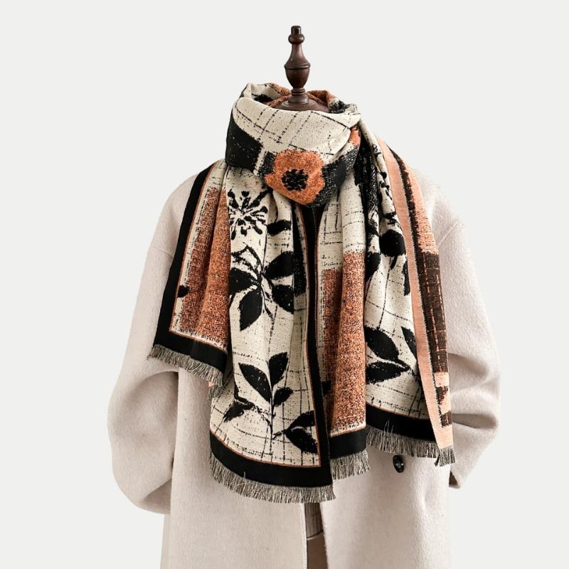 Autumn and winter new retro color matching flower imitation cashmere fringed scarf women's atmosphere thickened warm shawl