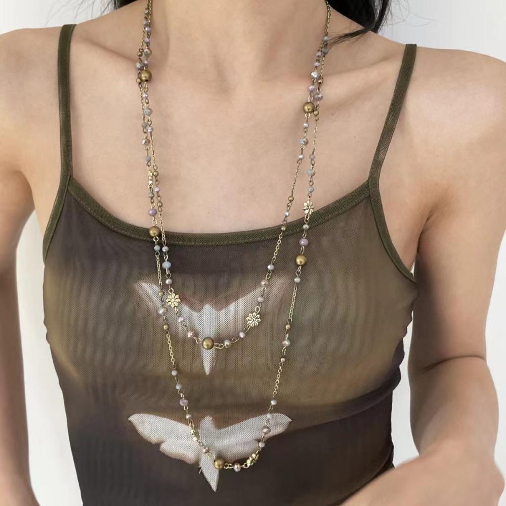 Long Flower Necklace Beaded Geometric Necklace Fashion Sweater Chain