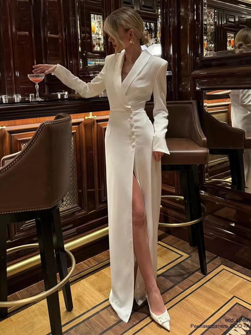 

Элегантное европейско-американское белое платье с V-образным вырезом и облегающим силуэтом L белый