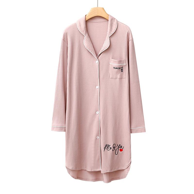Spring and Autumn Pajamas Korean Version Pajamas Women's Lapel Pit Strips Cotton Long Sleeves Letter Embroidered Medium and Long Skirts Homewear Korea
