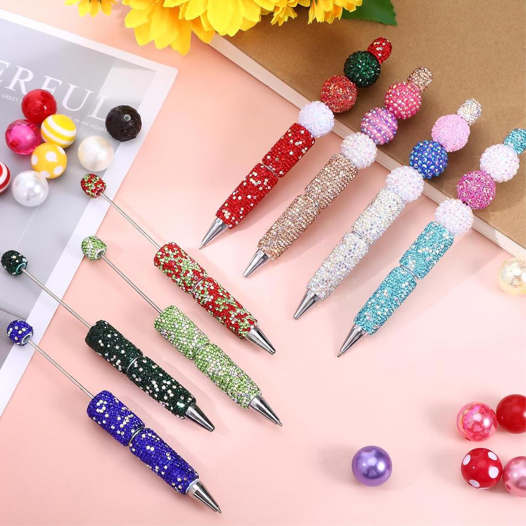 12 Pcs Beadable Pens, Glitter Full Rhinestone Beaded Pens, DIY Craft Fancy Ballpoint for Crystal, Plastic, Rhinestones Beads, Cute Trendy School