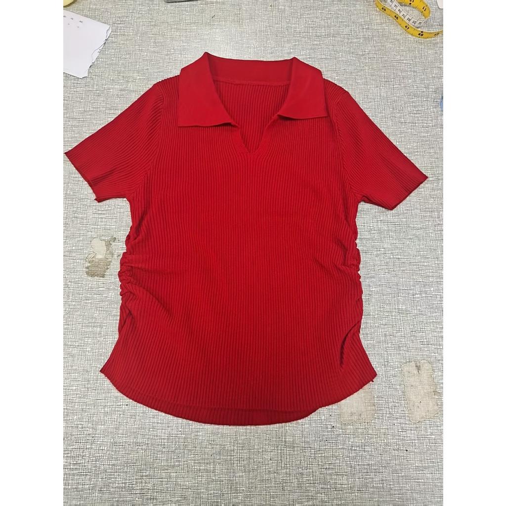 Tricou cu mâneci scurte cu mâneci scurte, cu rever, cu rever, din mătase de gheață