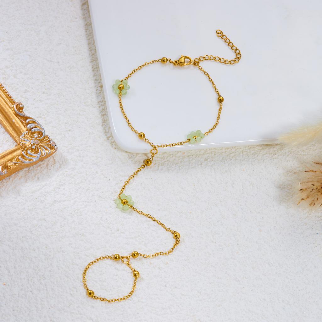 Stainless Steel Colorful Crystal Beads Flower Hand Chain Bracelet For Women Multicolor Flowers Finger Ring Party Jewelry Gifts