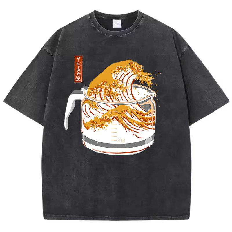 Retro T Shirt Vintage Washed Cotton T-Shirt Japanese Style Wave  Graphic Tee Casual Streetwear Spring Summer