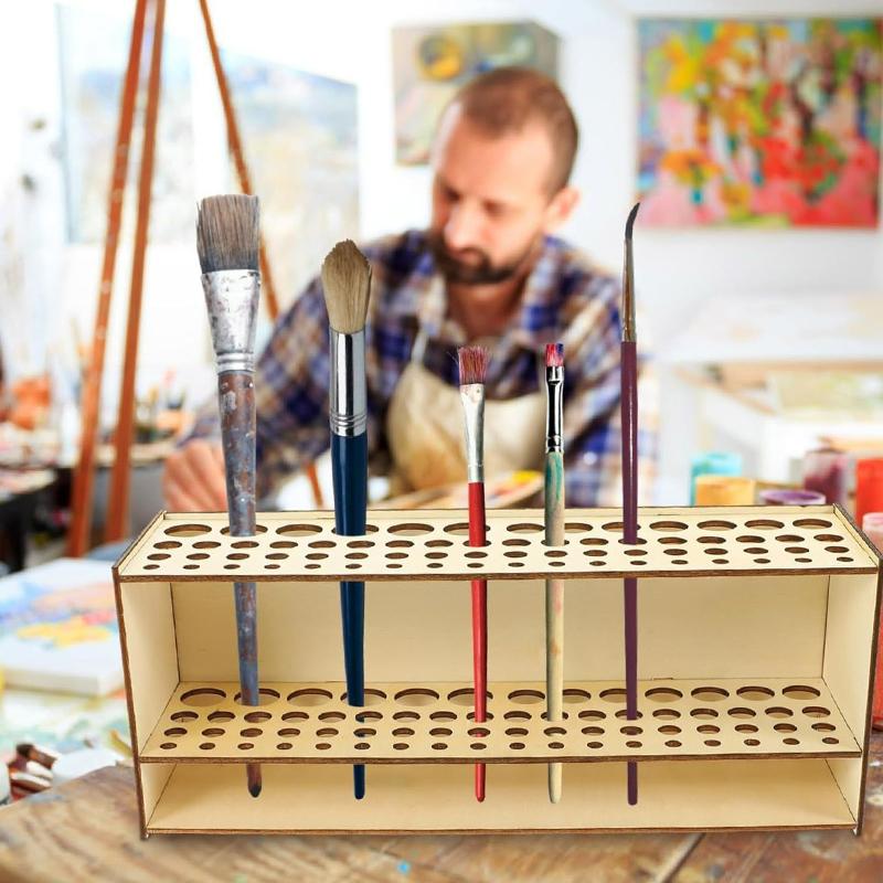 67Holes Wall Mount Premium Wooden Brush Holder Artist Desk Organizer Pencil Paint Brushes Display Storage Box Paint Brush Holder