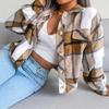 Women Loose Jacket Contrast Color Plaid Print Turn Down Collar Single Breasted Fake Pocket Long Sleeves Fall Spring Commuting