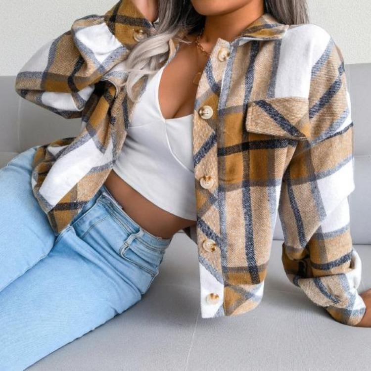 Women Loose Jacket Contrast Color Plaid Print Turn Down Collar Single Breasted Fake Pocket Long Sleeves Fall Spring Commuting