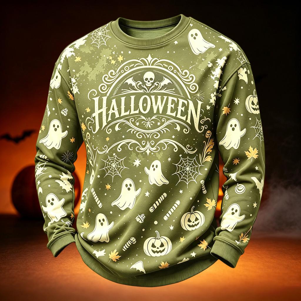 Men's Casual Round Neck Long Sleeve Top with Halloween Print