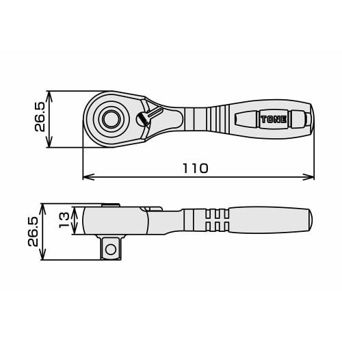 TONE Short Ratchet Handle (Hold Type) RH3HS, 9.5mm (3/8") Drive