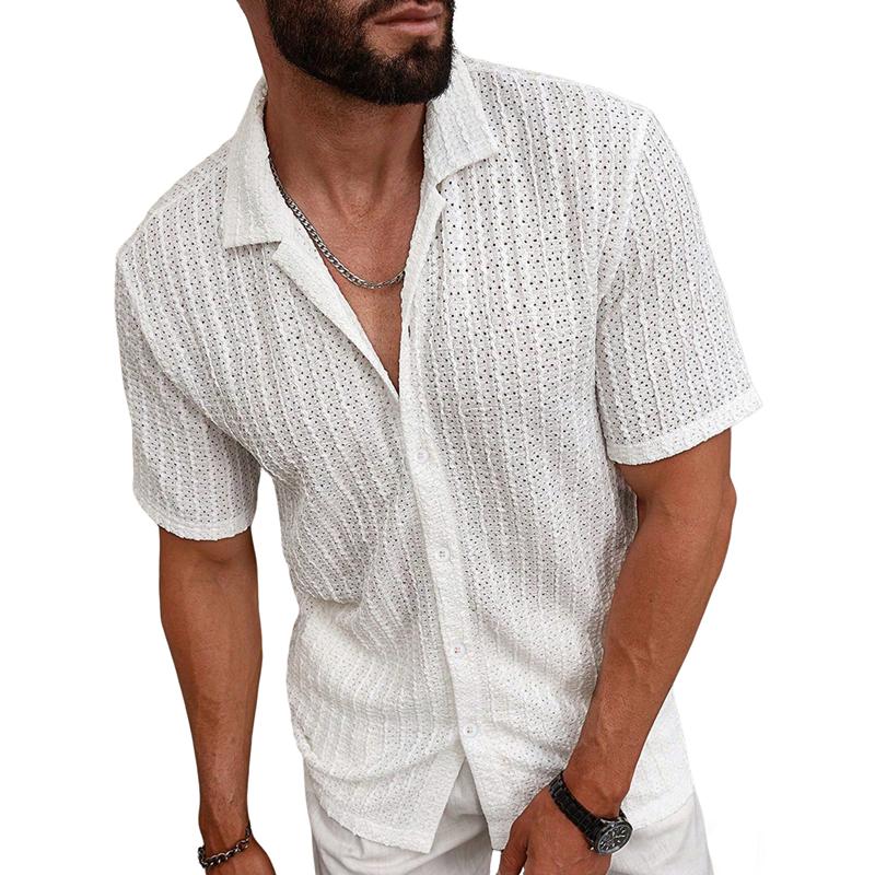 2026 Summer Men's New Lapel Button-up Shirt Cool Breathable Hole Design Casual T-shirt