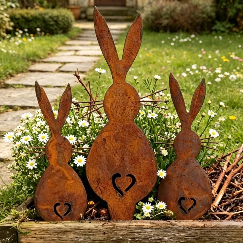 3 Stück rustikale Metall-Hasen-Gartenspieße Verwitterte Silhouette Hofkunst Dekorative Außenornamente für Rasen und Blumenbeete