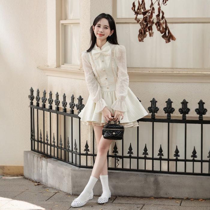 

Xiaoxiangfeng high-end bow lace waist long-sleeved dress women s autumn and winter heavy industry embroidered stand-up collar tutu skirt XL