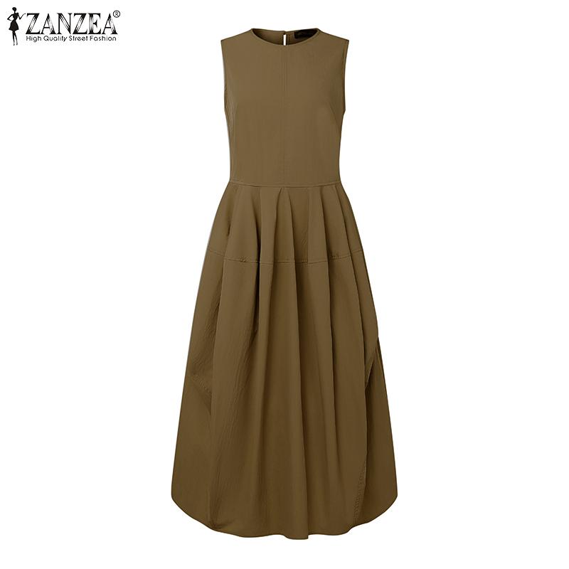 ZANZEA Women Casual Sleeveless Ruffled Baggy Casual Long Dress