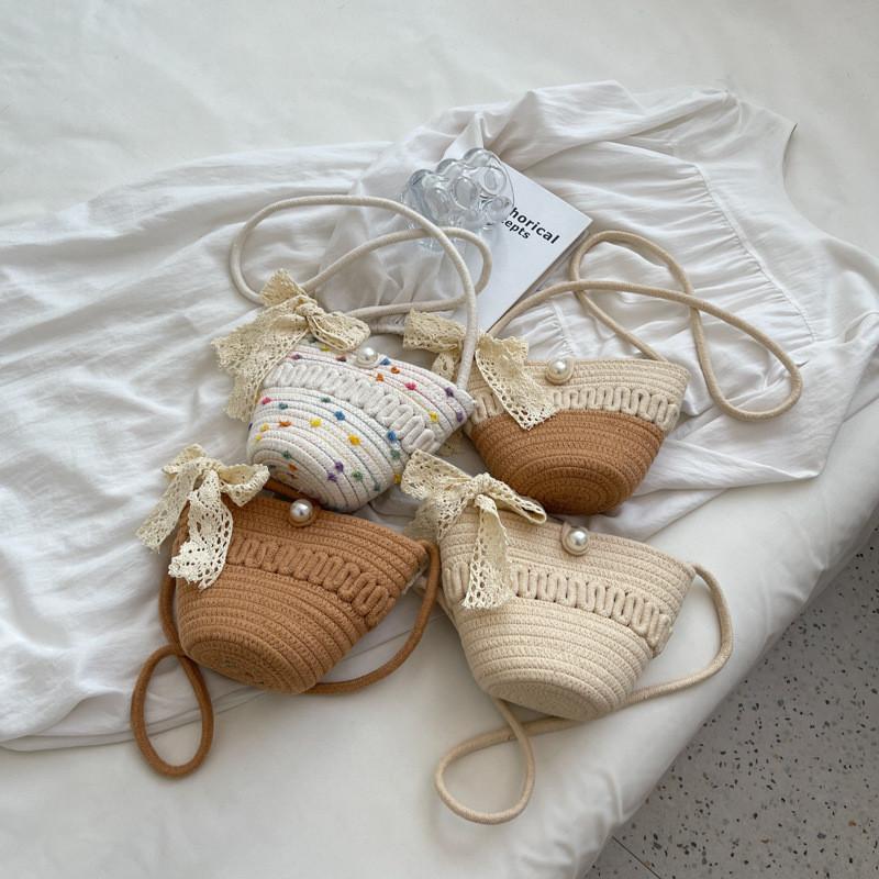 Bow Solid Decoration Color Children Woven Shoulder Bag For Summer Daily Use
