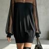 Nuovo vestito pullover da donna a maniche lunghe, con inserti in rete, girocollo, leggermente trasparente, colore nero, stile temperamento, sottile, per primavera e autunno