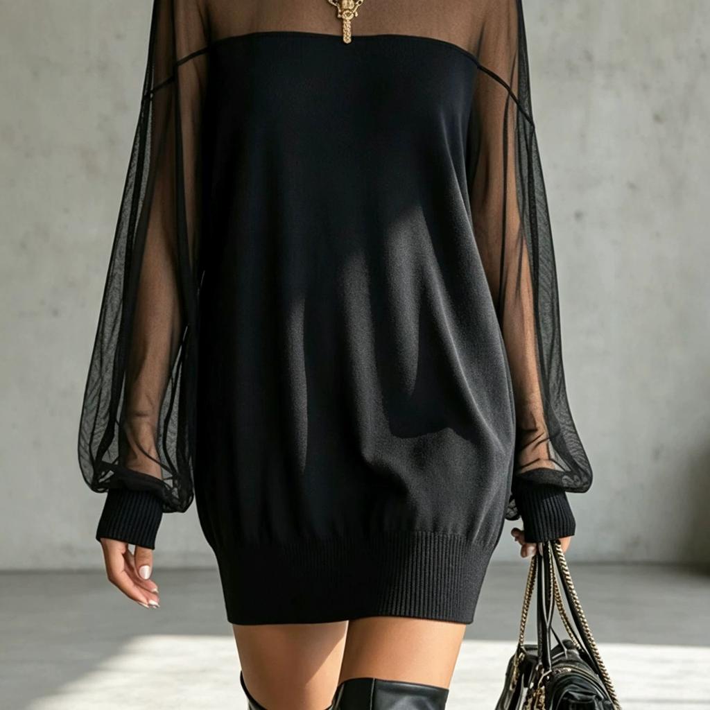Nuovo vestito pullover da donna a maniche lunghe, con inserti in rete, girocollo, leggermente trasparente, colore nero, stile temperamento, sottile, per primavera e autunno
