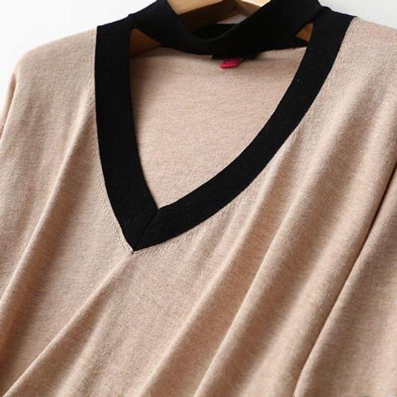 Export Plus Size Women's Clothing Fashion Contrast Color V-neck Hollowed Silk Cotton Knitwear Women's Autumn and Winter Pullover Bottoming Shirt