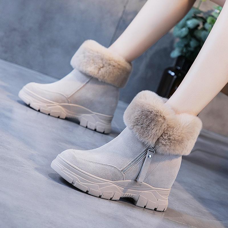 Fashion 8CM Fur Genuine Leather Cushioned Platform Wedge Winter Plush Fur Spring Women Warm Durable Ankle Boots